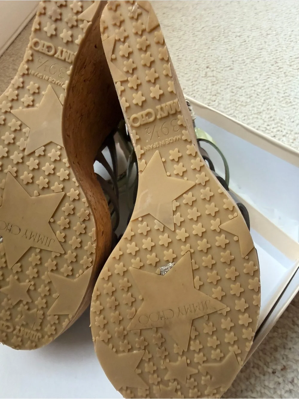 Jimmy Choo Pale Green and Gray Snake-Trim Cork Wedge Sandals